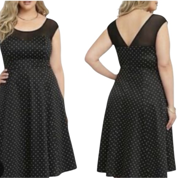 Torrid Fit & Flare Mesh Bodice Polka Dot MIDI Knee Length Dress Pin Up Size 18 - Picture 9 of 13